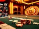 Experience high-stakes excitement at Jun88's luxurious gaming table with poker chips and roulette.