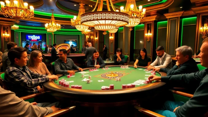 TR88 players engage in thrilling poker action at a lavish casino table.