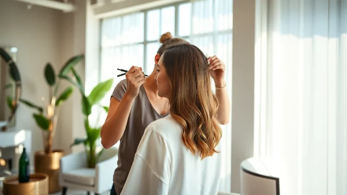 Best hair salon san diego, showcasing a stylist creatively highlighting a client's hair in a modern, inviting salon.