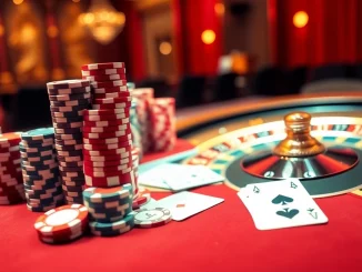 Experience high-stakes action at https://s666hn.com/ with poker chips and cards on a vibrant casino table.