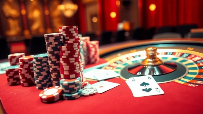 Experience high-stakes action at https://s666hn.com/ with poker chips and cards on a vibrant casino table.
