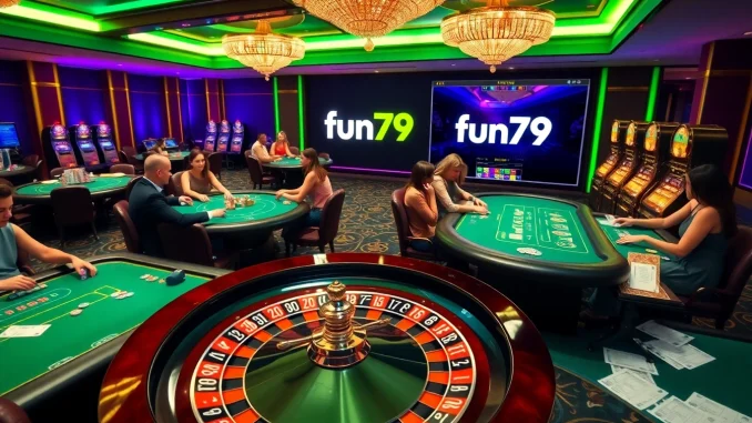 Players winning big at fun79's casino, engaging in poker and blackjack with excitement.