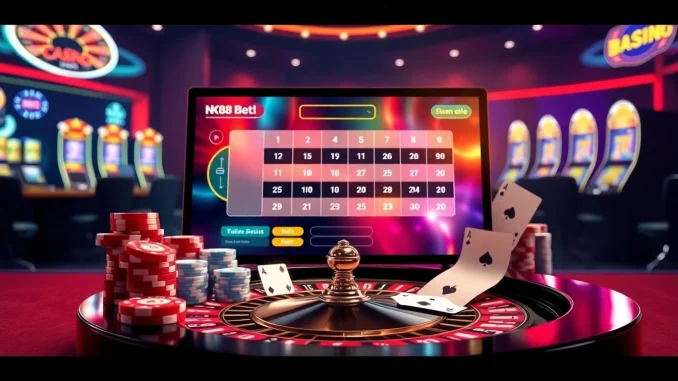 Experience the thrill of nk88 bet in a vibrant online casino with poker chips and roulette wheel.
