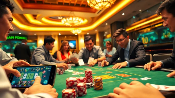 Exciting online gaming atmosphere at gamebaidoithuong.com.vc showcasing players playing card games in a vibrant digital setting.